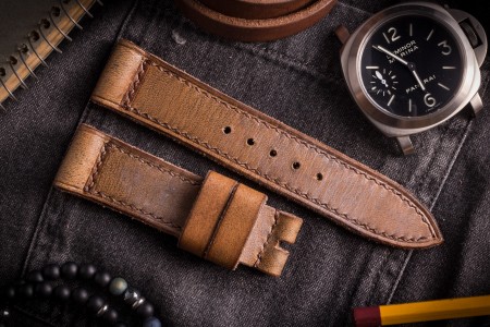 Egiziano II - Antiqued Handmade 24/22mm Veg Tan Brown Leather Panerai Strap 130/85mm With Brown Stitching