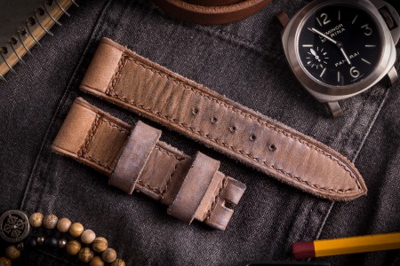Egiziano III - Antiqued Handmade Thick 24/22mm Veg Tan Brown Leather Panerai Strap 130/80mm With Brown Stitching