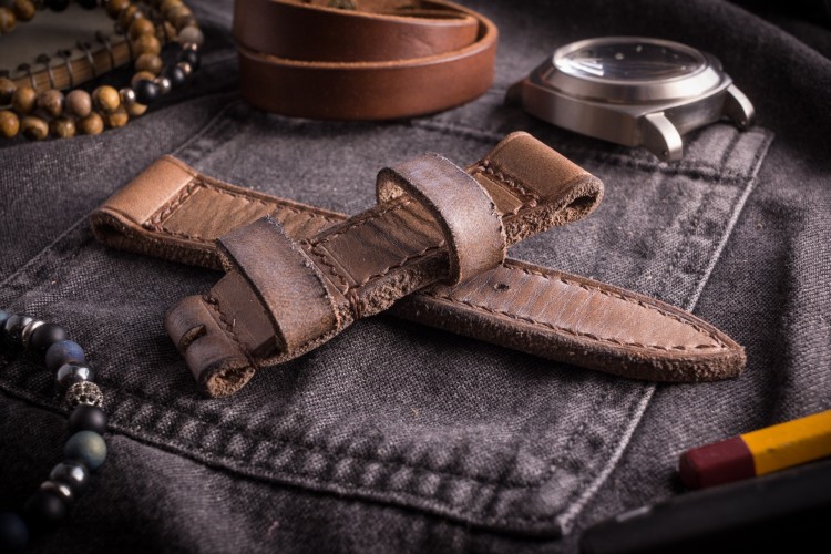 Egiziano III - Antiqued Handmade Thick 24/22mm Veg Tan Brown Leather Panerai Strap 130/80mm With Brown Stitching from STRAPSANDBRACELETS