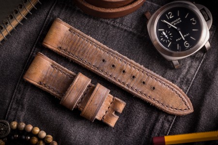 Egiziano IV - Antiqued Handmade Thick 24/22mm Veg Tan Brown Leather Panerai Strap 130/80mm With Brown Stitching
