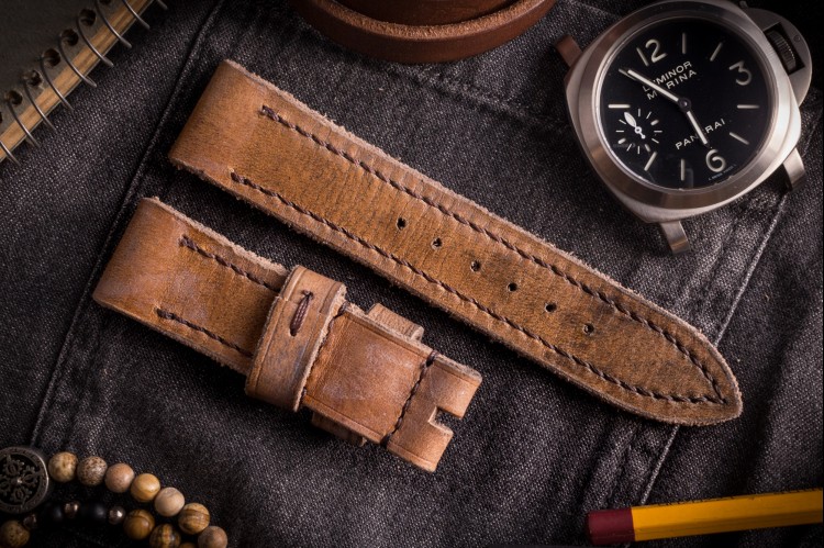 Egiziano IV - Antiqued Handmade Thick 24/22mm Veg Tan Brown Leather Panerai Strap 130/80mm With Brown Stitching from STRAPSANDBRACELETS