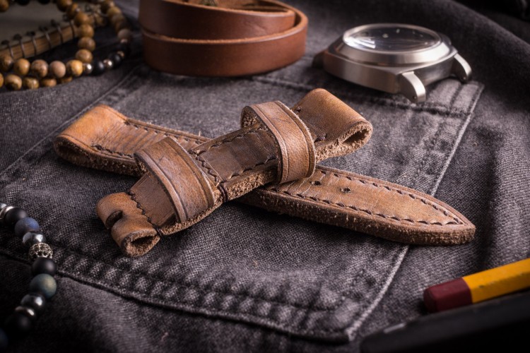 Egiziano IV - Antiqued Handmade Thick 24/22mm Veg Tan Brown Leather Panerai Strap 130/80mm With Brown Stitching from STRAPSANDBRACELETS