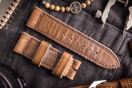 Egiziano - Antiqued Handmade 24/24mm Veg Tan Brown Leather Strap 125/80mm With Brown Stitching