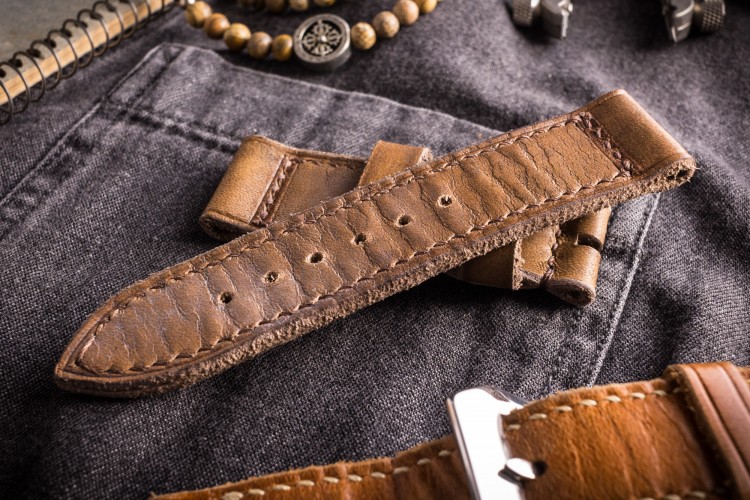 Egiziano - Antiqued Handmade 24/24mm Veg Tan Brown Leather Strap 125/80mm With Brown Stitching from STRAPSANDBRACELETS