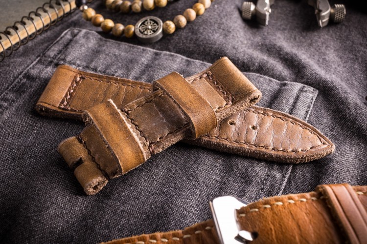 Egiziano - Antiqued Handmade 24/24mm Veg Tan Brown Leather Strap 125/80mm With Brown Stitching from STRAPSANDBRACELETS
