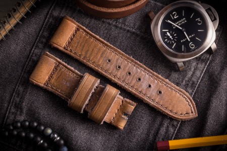 Egiziano V - Antiqued Handmade 24/22mm Veg Tan Brown Leather Panerai Strap 125/80mm With Brown Stitching