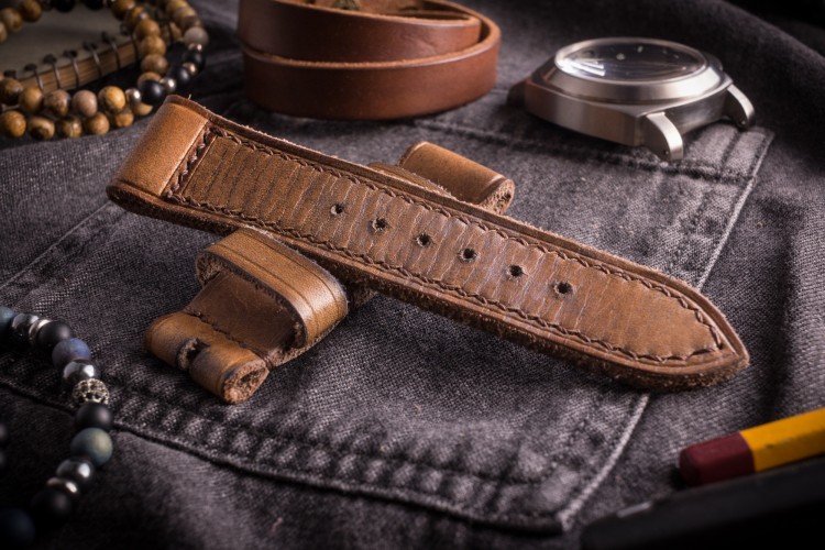 Egiziano V - Antiqued Handmade 24/22mm Veg Tan Brown Leather Panerai Strap 125/80mm With Brown Stitching from STRAPSANDBRACELETS