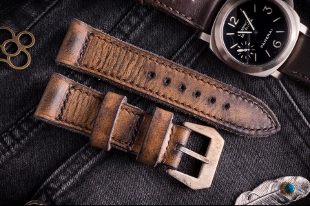 Egiziano VI-A - Antiqued Handmade 26/24mm Veg Tan Brown Leather Panerai Strap 130/80mm With Brown Stitching