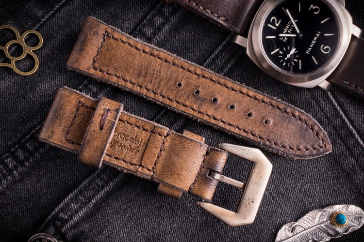 Egiziano VI-A - Antiqued Handmade 26/24mm Veg Tan Brown Leather Panerai Strap 130/80mm With Brown Stitching from STRAPSANDBRACELETS