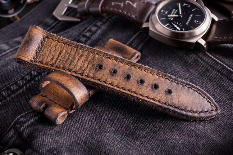 Egiziano VI-A - Antiqued Handmade 26/24mm Veg Tan Brown Leather Panerai Strap 130/80mm With Brown Stitching from STRAPSANDBRACELETS