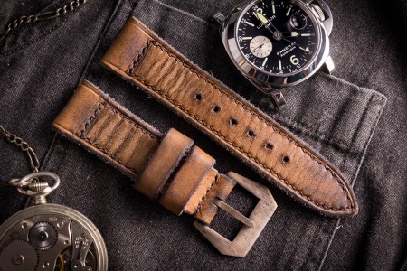 Egiziano VI - Antiqued Handmade 24/22mm Veg Tan Brown Leather Panerai Strap 125/80mm With Brown Stitching