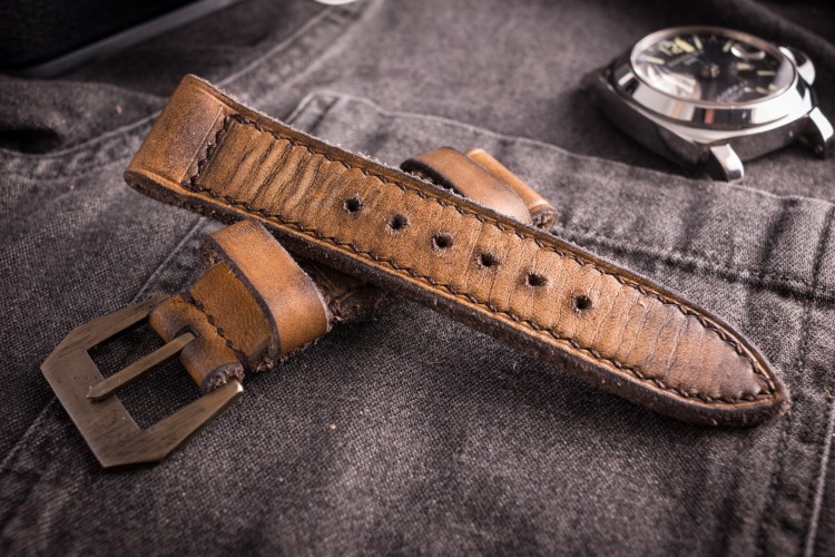 Egiziano VI - Antiqued Handmade 24/22mm Veg Tan Brown Leather Panerai Strap 125/80mm With Brown Stitching from STRAPSANDBRACELETS