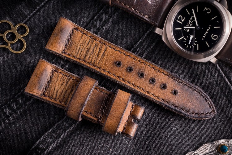 Egiziano VI-B - Antiqued Handmade 26/24mm Veg Tan Brown Leather Panerai Strap 130/80mm With Brown Stitching from STRAPSANDBRACELETS
