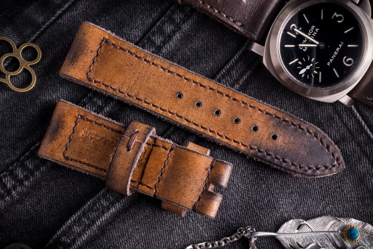 Egiziano VI-B - Antiqued Handmade 26/24mm Veg Tan Brown Leather Panerai Strap 130/80mm With Brown Stitching from STRAPSANDBRACELETS