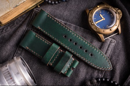 Handmade 26/26mm Joker Green Leather Panerai Watch Strap 130/85mm with Brown Stitching