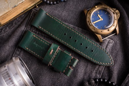 Green padded watch Strap 24-20 mm, unique triangle padding inside, leather lining, hand made patina popular colored