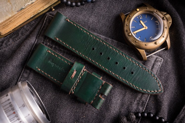 Handmade 26/26mm Joker Green Leather Watch Strap 130/85mm with Brown Stitching from STRAPSANDBRACELETS