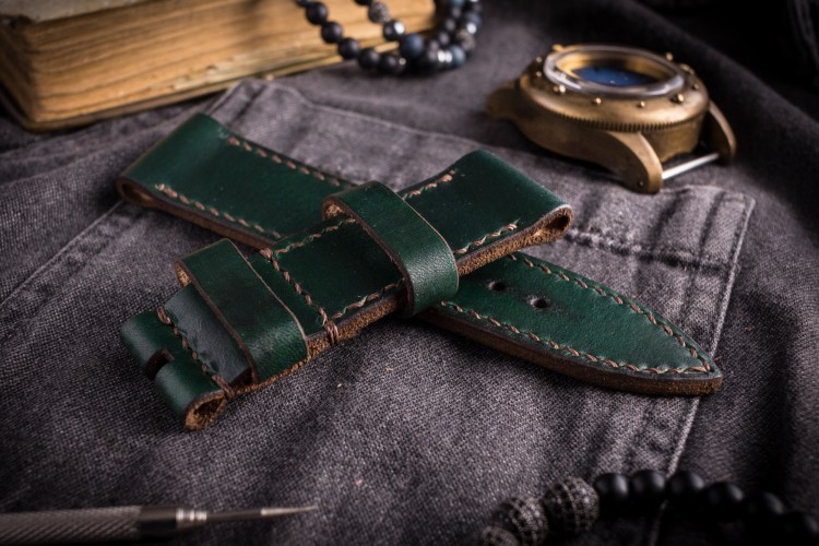 Handmade 26/26mm Joker Green Leather Watch Strap 130/85mm with Brown Stitching from STRAPSANDBRACELETS