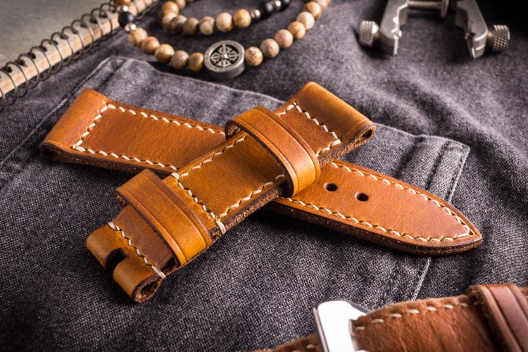 Handmade 26/24mm Tan Brown Leather Strap 130/80mm with Beige Contrast Stitching from STRAPSANDBRACELETS