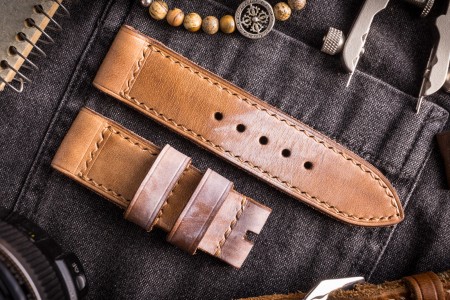 Handmade Antiqued 24/24mm Veg Tan Light Brown Leather Strap 120/75mm With White Marks and Contrast Beige Stitching