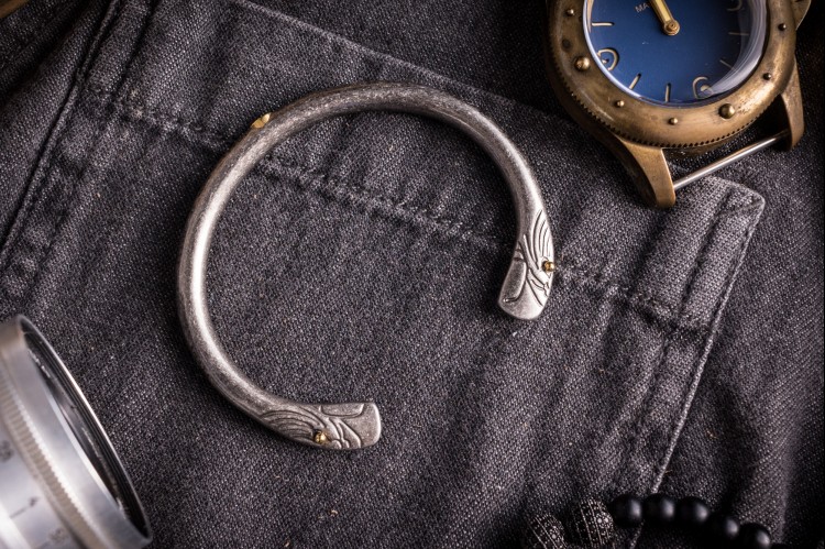 Leif - Eagle Themed, Antiqued Stainless Steel Cuff Bangle Men's Bracelet from STRAPSANDBRACELETS