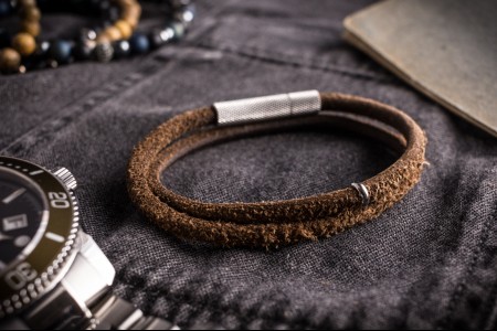 Negan - Double Wrap Brown Suede Genuine Leather Braided Cord Bracelet with Steel Ring