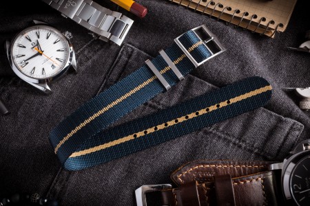 Asteroid Blue Adjustable Single Pass Slip Through Watch Strap with Embossed Beige Stripe (20 & 22mm)