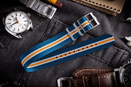 Blue, White and Orange Twill Adjustable Single Pass Slip Through Watch Strap (20 & 22mm)