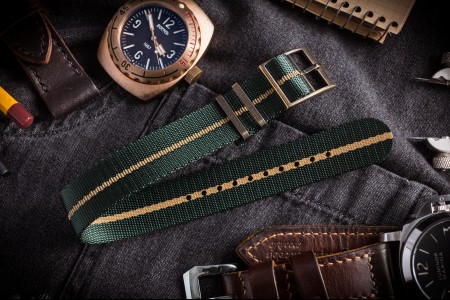 Bronze Hardware - Green Adjustable Single Pass Slip Through Watch Strap with Embossed Beige Stripe (20 & 22mm)