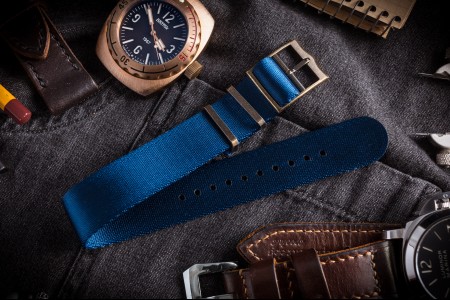 Bronze Hardware - Ocean Blue Adjustable Seat Belt Single Pass Slip Through Watch Strap (20 & 22mm)