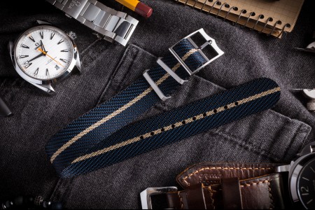 Dark Blue Adjustable Twill Single Pass Slip Through Watch Strap with Beige Stripe (20 & 22mm)