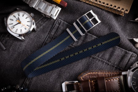 Dark Blue Adjustable Twill Single Pass Slip Through Watch Strap with Green Stripe (20 & 22mm)