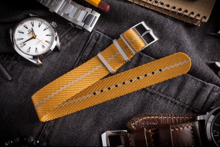 Golden Yellow Adjustable Twill Single Pass Slip Through Watch Strap with Beige Stripe (20 & 22mm)