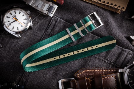 Green & Beige Adjustable Seat Belt Fabric Single Pass Slip Through Watch Strap (20 & 22mm)