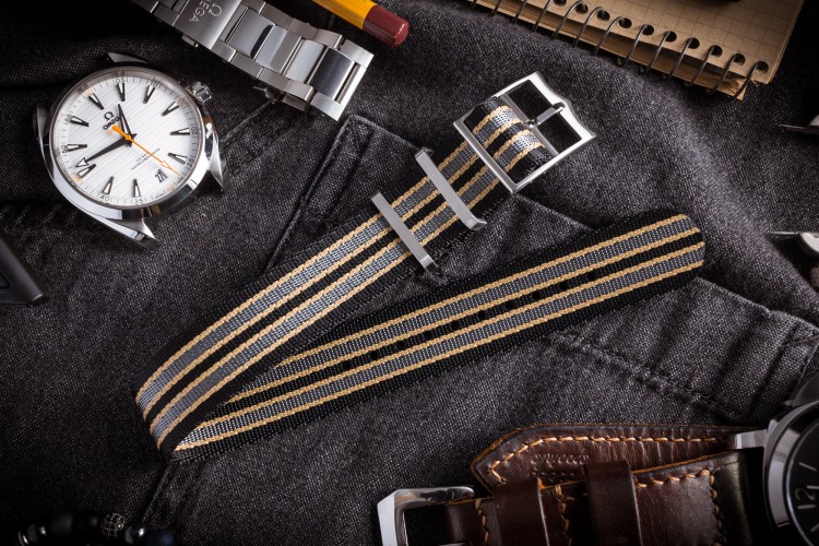Bond - Black, Beige and Gray Adjustable Nylon Fabric Single Pass Slip Through Watch Strap (20 & 22mm) from STRAPSANDBRACELETS