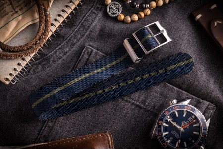 Dark Blue and Olive Green Twill Adjustable Single Pass Nato Watch Strap (20 & 22mm)