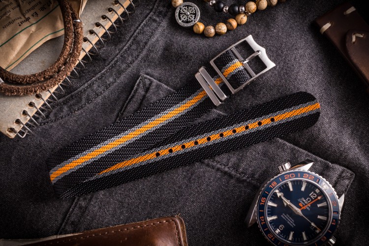 Black, Gray and Orange Adjustable Single Pass Slip Through Watch Strap (20 & 22mm) from STRAPSANDBRACELETS