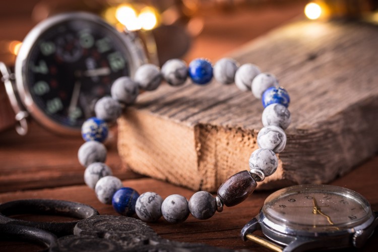 Evander - 8mm - Light Gray Picasso Stone & Deep Blue Regalite Beaded Stretchy Bracelet with Wooden Bead from STRAPSANDBRACELETS