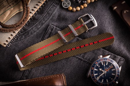 Army Green and Red Premium Twill Slip Through Nato Watch Strap (20 & 22mm)
