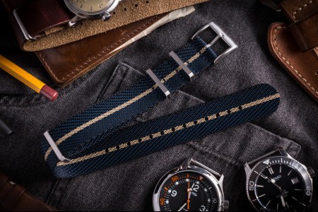 Dark Blue & Beige Premium Twill Slip Through Nato Watch Strap (20 & 22mm)