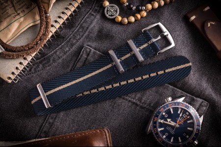 Dark Blue and Beige Premium Twill Slip Through Nato Watch Strap (20 & 22mm)