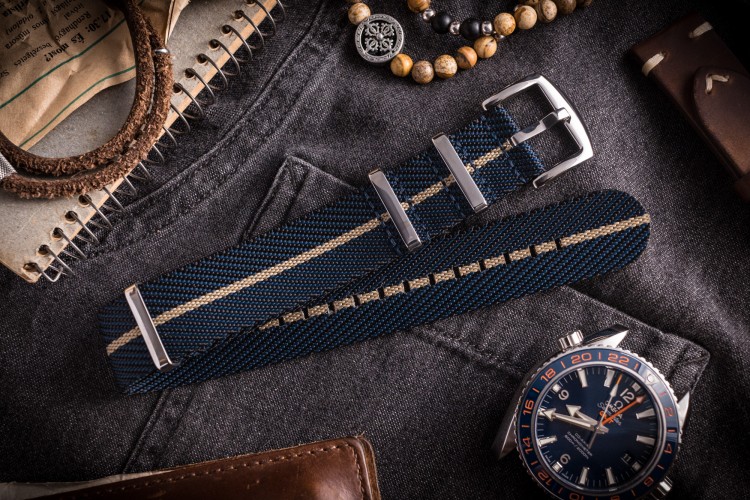 Dark Blue and Beige Premium Twill Slip Through Nato Watch Strap (20 & 22mm) from STRAPSANDBRACELETS