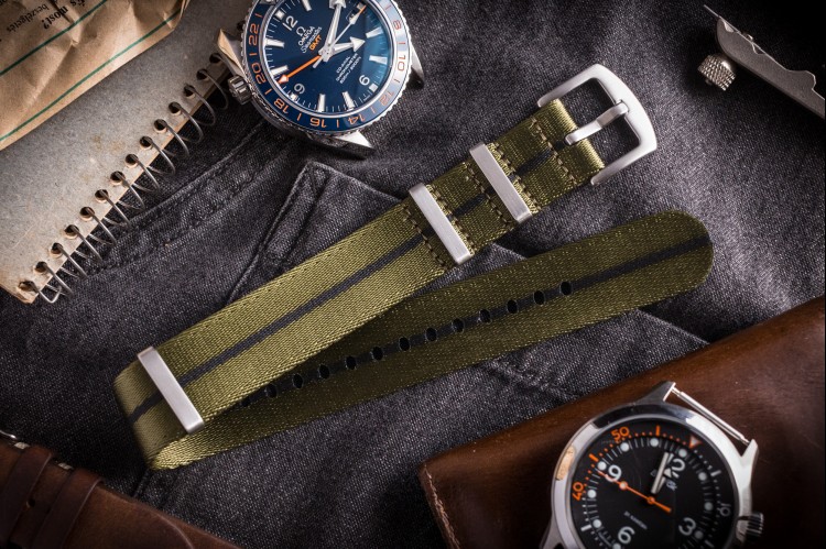 Green and Black Premium Seat Belt Slip Through Nato Watch Strap (20 & 22mm) from STRAPSANDBRACELETS