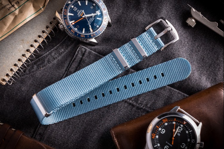 Light Blue Premium Seat Belt Slip Through Nato Watch Strap (20 & 22mm) from STRAPSANDBRACELETS