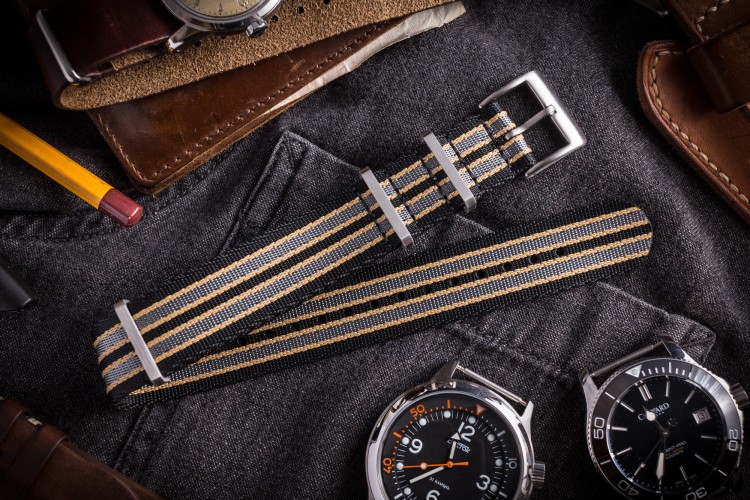 New Bond - Black, Beige and Gray Premium Seat Belt Slip Through Nato Watch Strap (20 & 22mm) from STRAPSANDBRACELETS