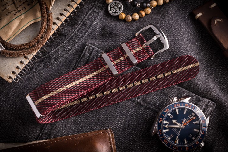 Red "Burgundy" and Beige premium Twill Slip Through Nato Watch Strap (20 & 22mm) with Polished Hardware from STRAPSANDBRACELETS