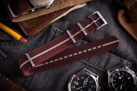 Red "Burgundy" & Beige Premium Twill Slip Through Nato Watch Strap (20 & 22mm)