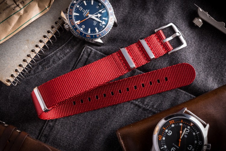Red Premium Seat Belt Slip Through Nato Watch Strap (20 & 22mm) from STRAPSANDBRACELETS