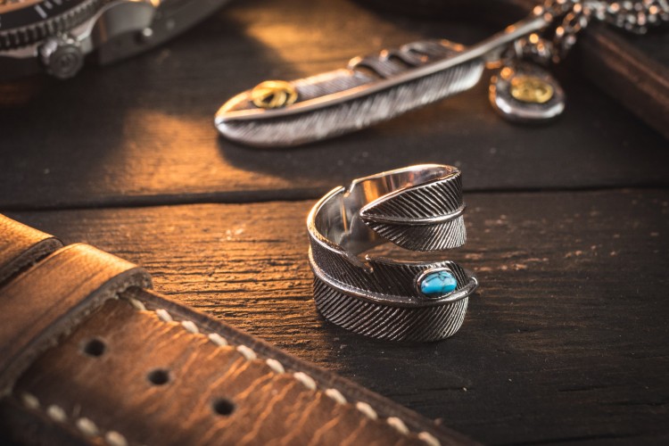Ermias - Antiqued Feather Shape Stainless Steel Men's Ring with Turquoise Bead from STRAPSANDBRACELETS