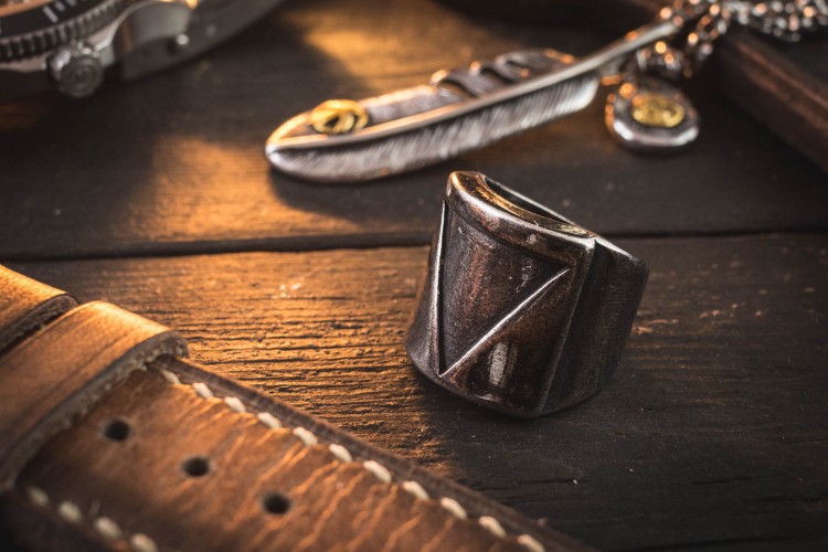 Darroch - Large Antiqued Stainless Steel Square Men's Signet Ring with a Triangle from STRAPSANDBRACELETS